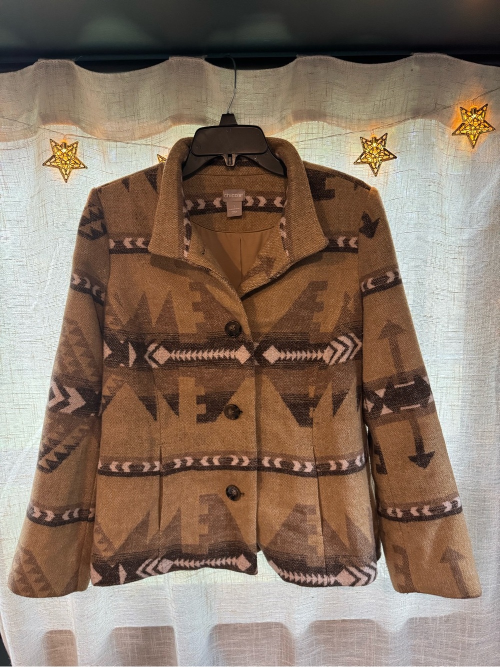 Chico's Brown Patterned Pea Coat with Southwestern Motif
